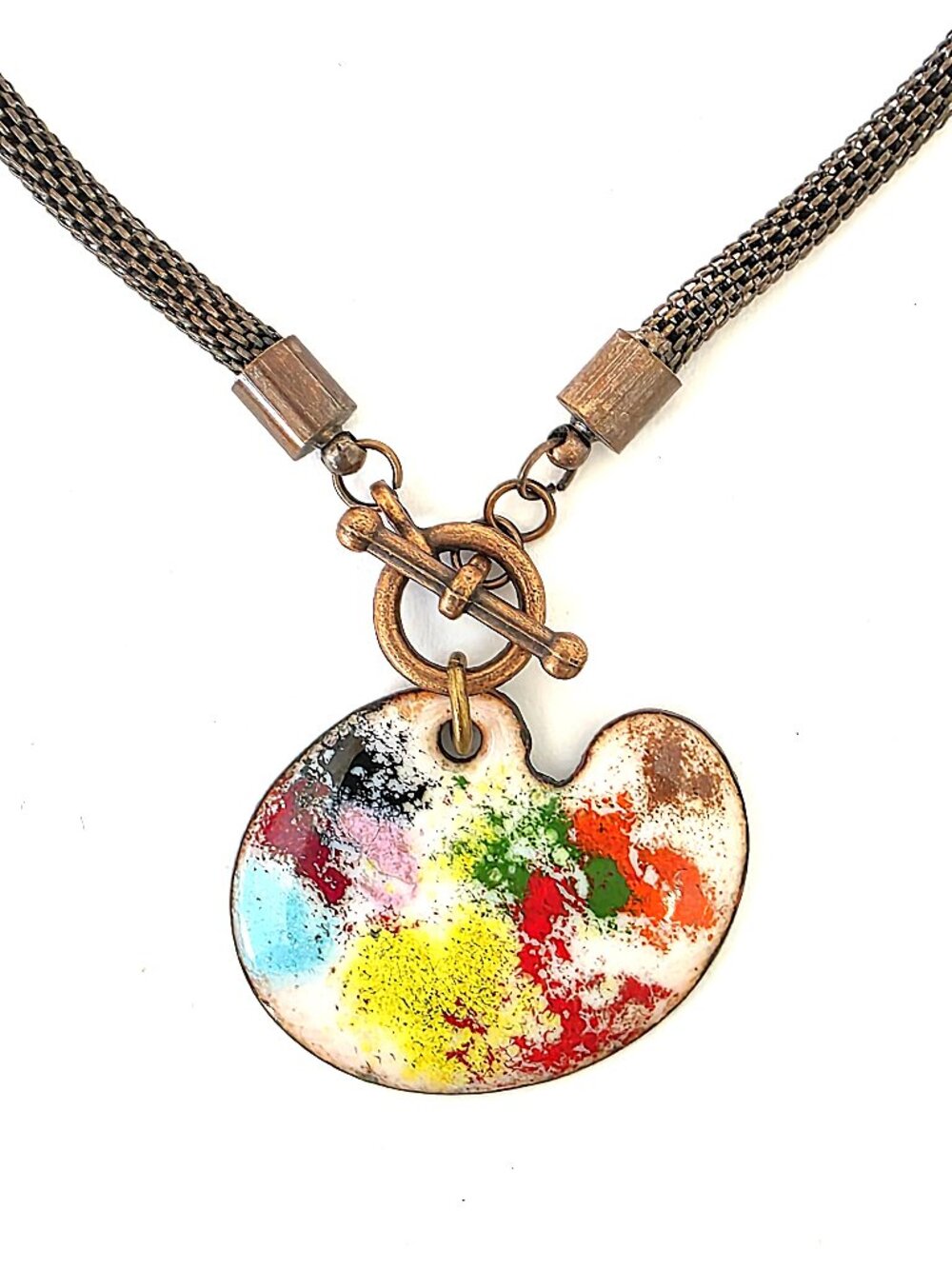 Artist paint palette enamel on copper pendant necklace